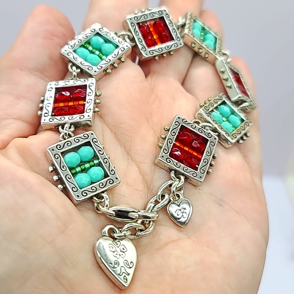 Brighton "BEDAZZLED" Red & Turquoise Crystal Beads & Heart Charm Link Bracelet! - Picture 8 of 10